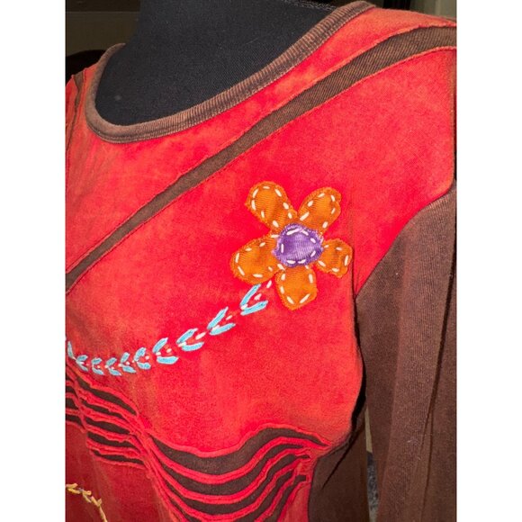 Boho Rising International Red Brown Embroider Tunic Top Floral Hippie Artsy Boho - Picture 6 of 9